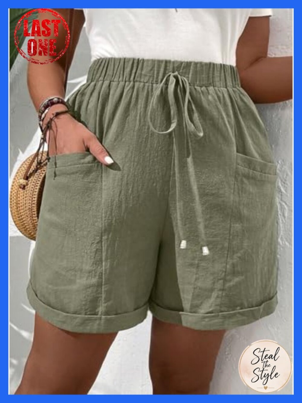 Plus Size Cotton High Rise Drawstring Shorts with Pockets - Picture 2 of 6